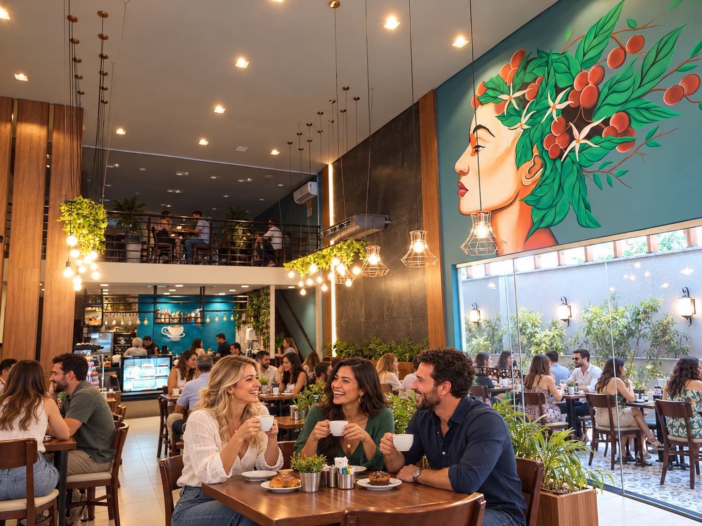 Três pessoas rindo com xícaras de café na mão, numa cafeteria cheia à tarde