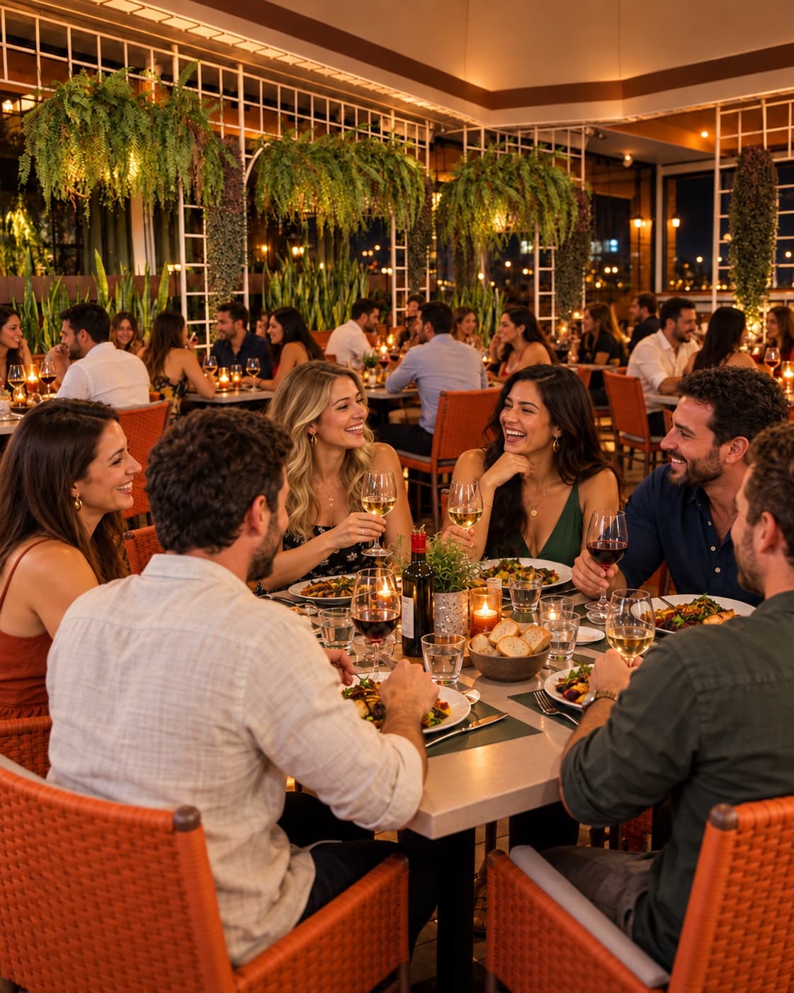 Seis pessoas rindo e brindando numa mesa de restaurante cheio, à noite, com velas acesas
