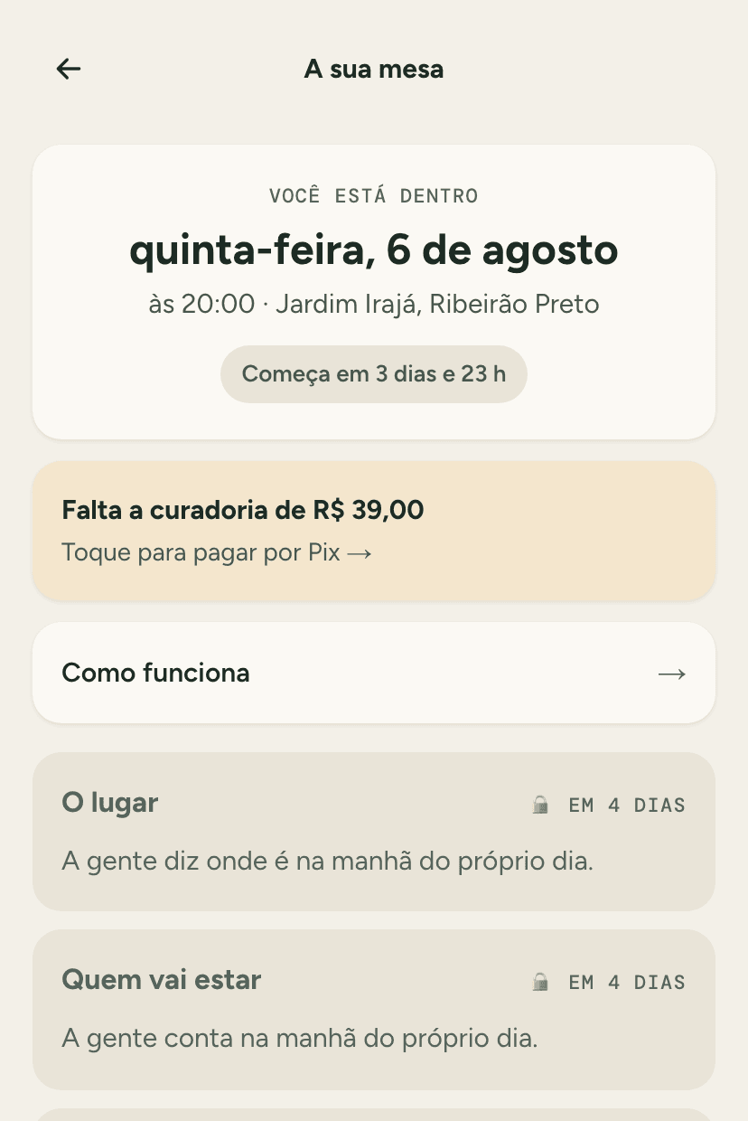A página da mesa com os cadeados ainda fechados